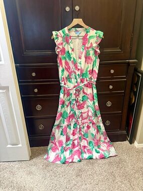 Draper James White Maxi Dress with Pink & Green Floral Print